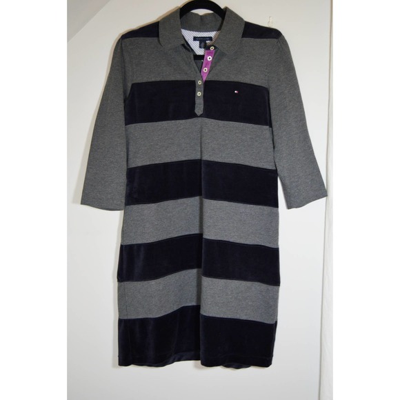 Tommy Hilfiger Velvet Stripe Collared Gray Black Dress Size Medium - Picture 1 of 3
